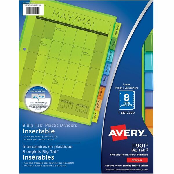 Avery&reg; Big Tab&trade; Insertable Plastic Dividers for Laser and Inkjet Printers, 9¼" x 11?" , 8 tabs, 1 set - 8 x Divider(s) - 8 - 8 Tab(s)/Set - 8.50" Divider Width x 11" Divider Length - 3 Hole Punched - Translucent Plastic Divider - Multicolor Plas