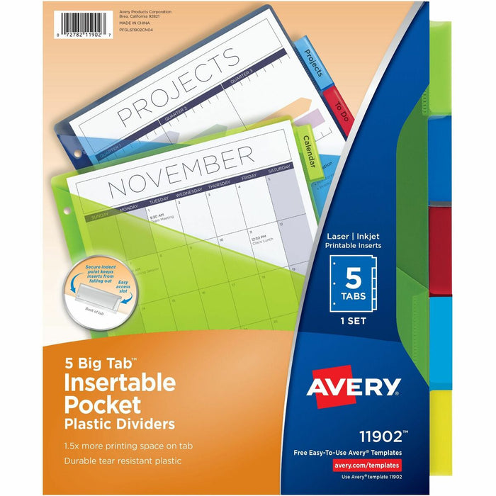 Avery&reg; Big Tab™ Insertable Plastic Dividers with Pocketsfor Laser and Inkjet Printers, 9-1/4" x 11-1/8" , 5 tabs, 1 set - 5 x Divider(s) - 5 - 5 Tab(s)/Set - 9.25" (234.95 mm) Divider Width x 11.25" (285.75 mm) Divider Length - 3 Hole Punched -