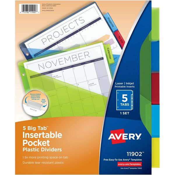 Avery&reg; Big Tab&trade; Insertable Plastic Dividers with Pockets for Laser and Inkjet Printers, 9¼" x 11?" , 5 tabs, 1 set - 5 x Divider(s) - 5 - 5 Tab(s)/Set - 9.25" Divider Width x 11.25" Divider Length - 3 Hole Punched - Translucent Plastic, Multicol