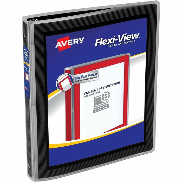 Avery&reg; Flexi-View™ Binder 1/2" , Round Rings, Black - 1/2" (12.70 mm) Binder Capacity - Letter - 8 1/2" (215.90 mm) x 11" (279.40 mm) Sheet Size - 100 Sheet Capacity - 3 x 0.50" (12.70 mm) Ring - Fastener: Round Ring - Pocket: 0, Internal - Poly
