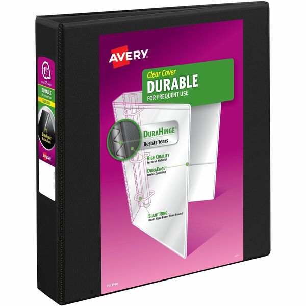 Avery&reg; Durable View Binder 1-1/2" , Slant D Rings, Black - 1 1/2" (38.10 mm) Binder Capacity - Letter - 8 1/2" (215.90 mm) x 11" (279.40 mm) Sheet Size - 375 Sheet Capacity - 375 Ring(s) - Fastener(s): Slant Ring - Pocket(s): 2 - Polypropylene - Adhes