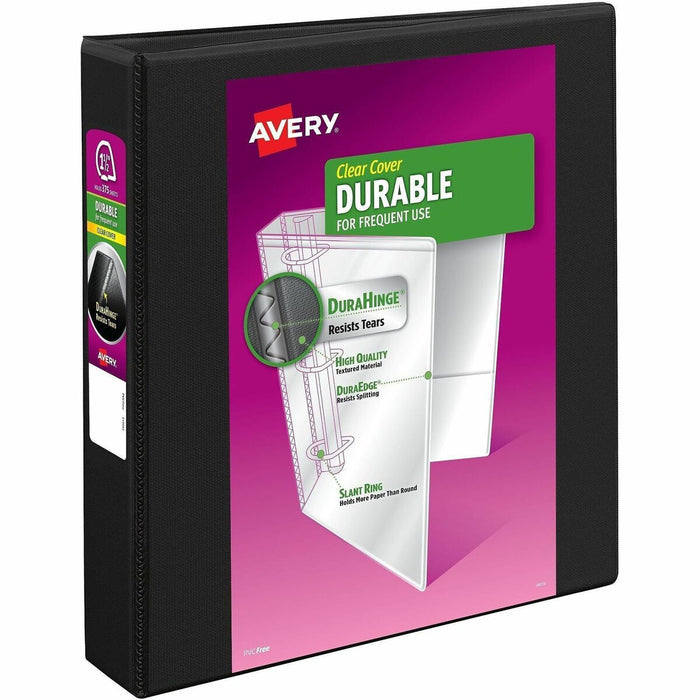 Avery&reg; Durable View Binder 1-1/2" , Slant D Rings, Black - 1 1/2" (38.10 mm) Binder Capacity - Letter - 8 1/2" (215.90 mm) x 11" (279.40 mm) Sheet Size - 375 Sheet Capacity - 375 Ring - Fastener: Slant Ring - Pocket: 2, Internal - Polypropylene - Blac