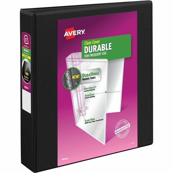 Avery&reg; Durable View Binder 1-1/2" , Slant D Rings, Black - 1 1/2" (38.10 mm) Binder Capacity - Letter - 8 1/2" (215.90 mm) x 11" (279.40 mm) Sheet Size - 375 Sheet Capacity - 3 Ring(s) - Fastener(s): Slant Ring - Pocket(s): 2 - Polypropylene - Recycle