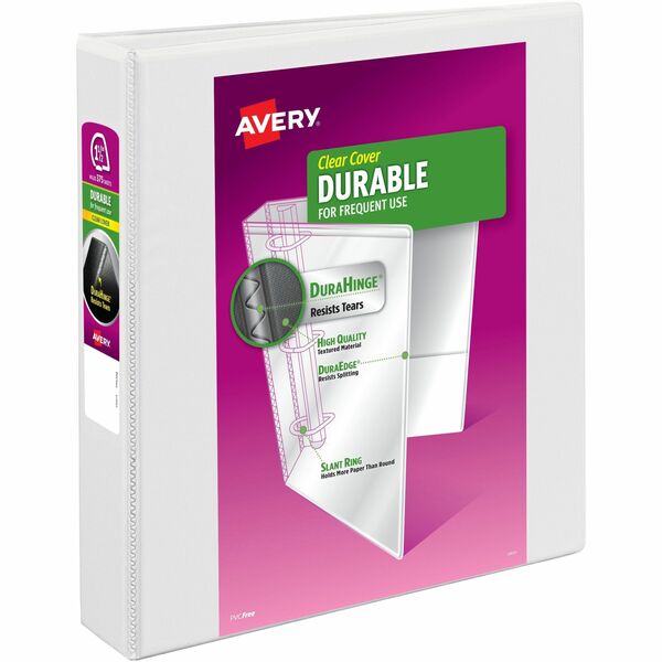 Avery&reg; Durable View Binder1-1/2" , Slant D Rings, White - 1 1/2" (38.10 mm) Binder Capacity - Letter - 8 1/2" (215.90 mm) x 11" (279.40 mm) Sheet Size - 375 Sheet Capacity - 375 Ring(s) - Fastener(s): Slant Ring - Pocket(s): 2 - Polypropylene - Adhesi
