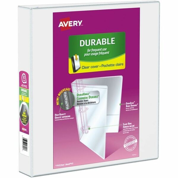 Avery&reg; Durable View Binder1-1/2" , Slant D Rings, White - 1 1/2" (38.10 mm) Binder Capacity - Letter - 8 1/2" (215.90 mm) x 11" (279.40 mm) Sheet Size - 375 Sheet Capacity - 2 1/10" (53.34 mm) Spine Width - 3 x 1.50" (38.10 mm) Ring - Fastener: Slant