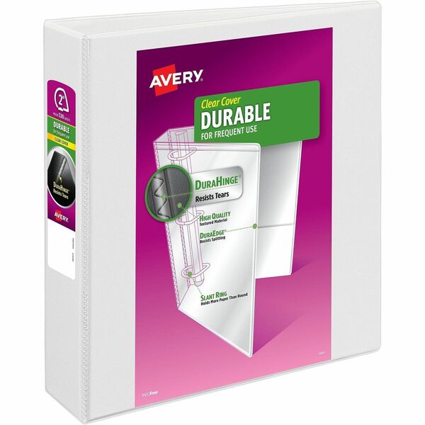 Avery&reg; Durable View Binder 2" , Slant D Rings, White - 2" (50.80 mm) Binder Capacity - Letter - 8 1/2" (215.90 mm) x 11" (279.40 mm) Sheet Size - 530 Sheet Capacity - 530 Ring - Fastener: Slant Ring - Pocket: 2, Internal - Polypropylene - White - Adhe