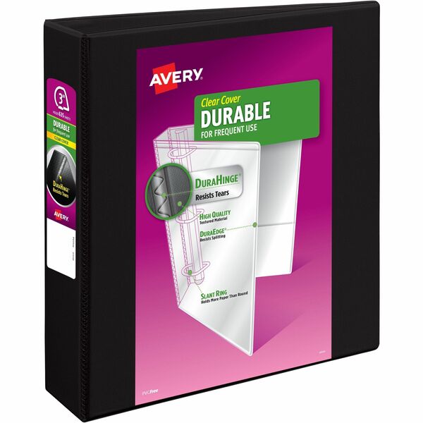 Avery&reg; Durable View Binder 3" , Slant D Rings, Black - 3" (76.20 mm) Binder Capacity - Letter - 8 1/2" (215.90 mm) x 11" (279.40 mm) Sheet Size - 600 Sheet Capacity - 635 Ring(s) - Fastener(s): Slant Ring - Pocket(s): 2 - Polypropylene - Adhesive, Dur