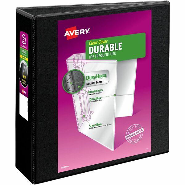 Avery&reg; Durable View Binder 3" , Slant D Rings, Black - 3" Binder Capacity - Letter - 8 1/2" x 11" Sheet Size - 600 Sheet Capacity - 3 x Slant Ring Fastener(s) - 2 Pocket(s) - Polypropylene - Recycled - Pocket, Durable, Tear Resistant, Flexible, Split