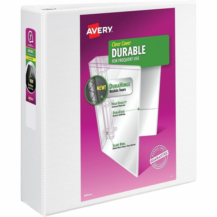 Avery&reg; Durable View Binder 3" , Slant D Rings, White - 3" (76.20 mm) Binder Capacity - Letter - 8 1/2" (215.90 mm) x 11" (279.40 mm) Sheet Size - 635 Sheet Capacity - 635 Ring - Fastener: Slant Ring - Pocket: 2, Internal - Polypropylene - White - No -