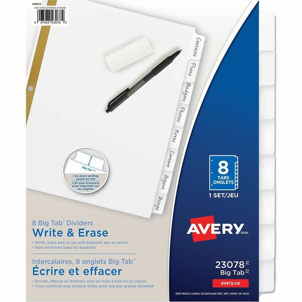 Avery&reg; Big Tab&trade; Write & Erase Dividers 8 tabs - 8 x Divider(s) - 8 Write-on Tab(s) - 8 - 8 Tab(s)/Set - 8.50" Divider Width x 11" Divider Length - 3 Hole Punched - White Paper Divider - White Paper Tab(s) - Recycled - Hole-punched, Writable, Era