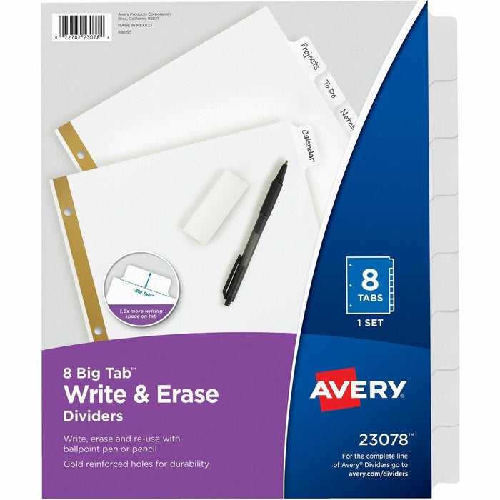 Avery&reg; Big Tab™ Write & Erase Dividers8 tabs - 8 x Divider(s) - 8 Write-on Tab(s) - 8 - 8 Tab(s)/Set - 8.50" (215.90 mm) Divider Width x 11" (279.40 mm) Divider Length - 3 Hole Punched - White Paper Divider - White Paper Tab(s) - 20% - Hole-punc
