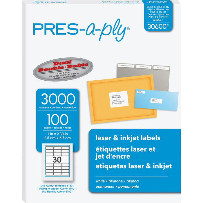PRES-a-ply Labels - 1" (25.40 mm) Width x 2 5/8" (66.55 mm) Length - Permanent Adhesive - Rectangle - Laser, Inkjet - White - 3000 / Box