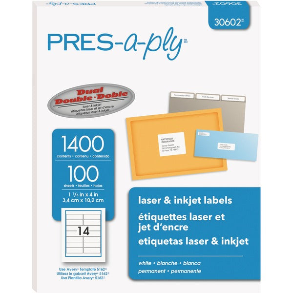 Avery&reg; PRES-a-ply&reg; White Labels, 1-1/3" x 4" , Permanent-Adhesive, 14-up, 1400 labels - - HeightPermanent Adhesive - Rectangle - Laser, Inkjet - White - Paper - 14 / Sheet - 100 Total Sheets - 1400 Total Label(s) - 1400 / Box