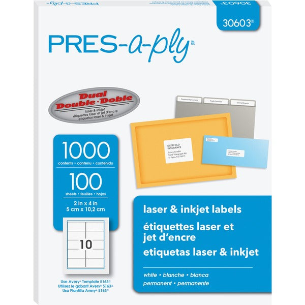 PRES-a-ply White Labels - 2" Width x 4" Length - Permanent Adhesive - Rectangle - Laser, Inkjet - White - Paper - 10 / Sheet - 100 Total Sheets - 1000 Total Label(s) - 1000 / Box