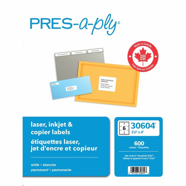 PRES-a-ply White Labels - 3 21/64" (84.58 mm) Width x 4" (101.60 mm) Length - Permanent Adhesive - Rectangle - Laser, Inkjet - Matte - White - Paper - 6 / Sheet - 100 Total Sheets - 600 Total Label(s) - 600 / Box