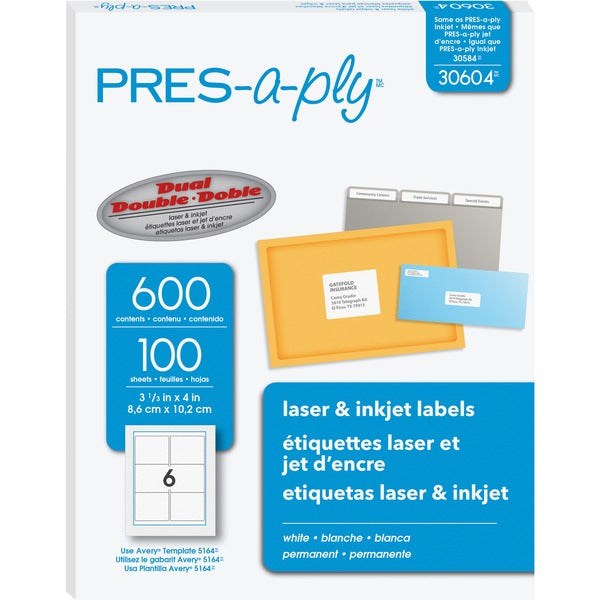 PRES-a-ply White Labels - 3 21/64" (84.58 mm) Width x 4" (101.60 mm) Length - Permanent Adhesive - Rectangle - Laser, Inkjet - White - Paper - 6 / Sheet - 100 Total Sheets - 600 Total Label(s) - 600 / Box