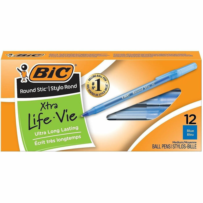 BIC Round Stic Ballpoint Pens - Blue Ink - Blue Barrel - 1 Dozen