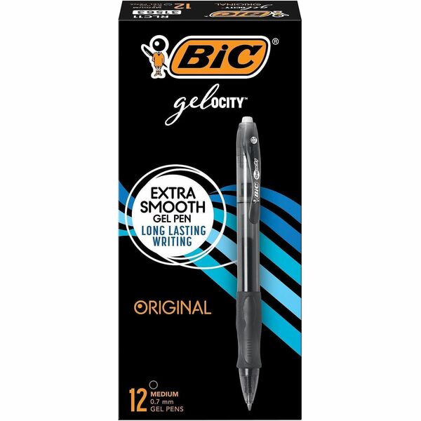 BIC Gel Retractable Pens - 0.7 mm (0.03") Medium Pen Point - Refillable - Retractable - Black Ink - Gel-based - Translucent Barrel - 1 Dozen