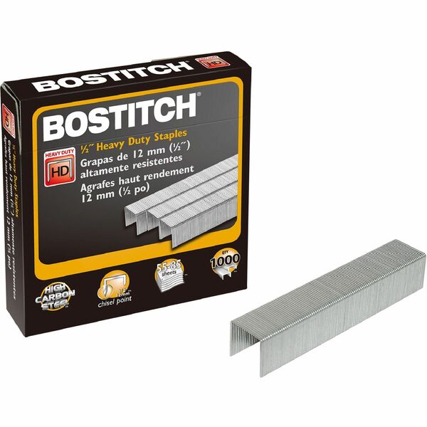 Bostitch 1/2" Heavy Duty Chisel Point Staples 1000 - Heavy Duty - 1/2" (12.70 mm) Leg - 1/2" (12.70 mm) Crown - Holds 85 Sheet(s) - Chisel Point - Silver - High Carbon Steel - 0.69" (17.53 mm) Height x 0.50" (12.70 mm) Width x 0.50" (12.70 mm) Length - 10