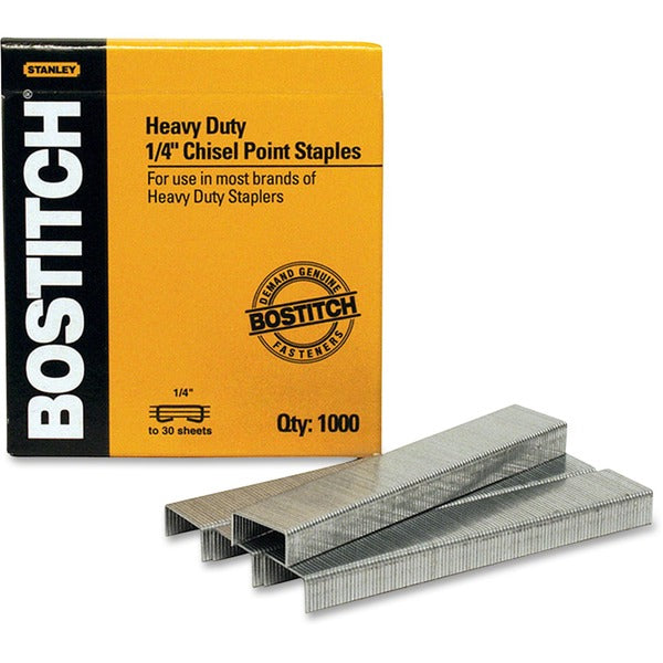 Bostitch Heavy-duty Premium Staples - Heavy Duty - 1/4" (6.35 mm) Leg - 1/2" (12.70 mm) Crown - Holds 25 Sheet(s) - Chisel Point - High Carbon Steel - 2.94" (74.68 mm) Height x 2.69" (68.33 mm) Width x 0.31" (7.87 mm) Length - 100 Per Strip - 1000 / Box