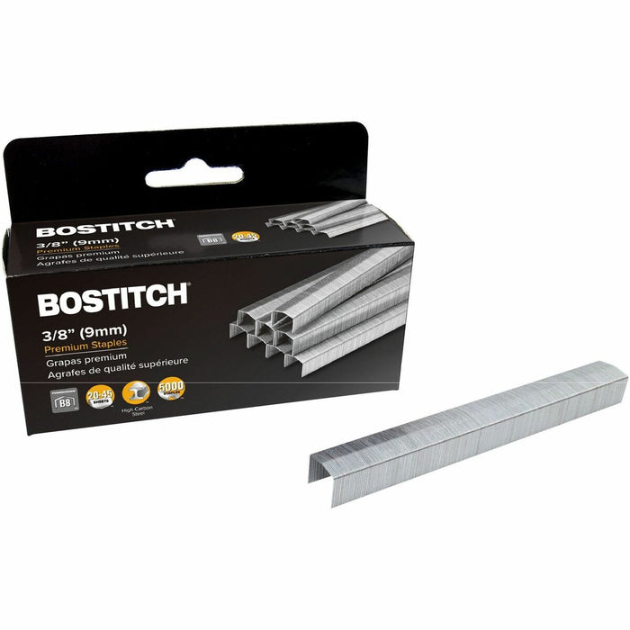 Bostitch B8 PowerCrown 3/8" Staples - 3/8" (9.52 mm) Leg - 1/2" (12.70 mm) Crown - Holds 45 Sheet(s) - Chisel Point - Silver - High Carbon Steel - 2" (50.80 mm) Height x 0.50" (12.70 mm) Width x 0.37" (9.52 mm) Length - 210 Per Strip - 5000 / Box