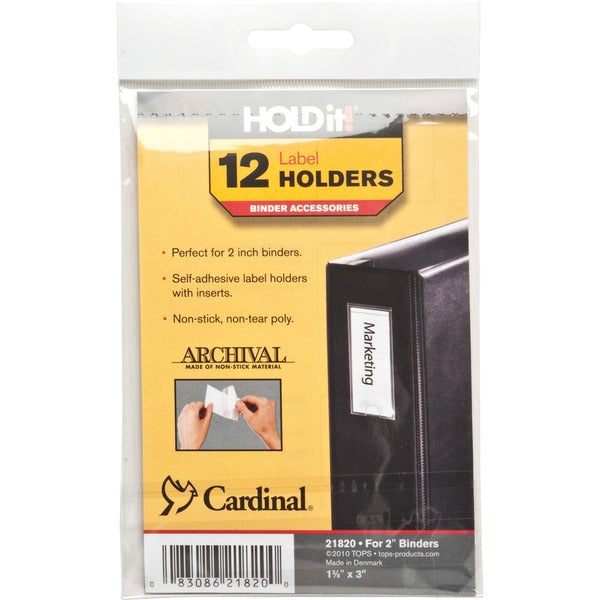 Cardinal HOLDit! Self-Adhesive Label Holders - 1.38" (34.92 mm) Height x 3" (76.20 mm) Width - Clear - 12 / Pack