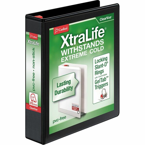 Cardinal Xtralife ClearVue Locking Slant-D Binders - 1 1/2" Binder Capacity - Letter - 8 1/2" x 11" Sheet Size - 375 Sheet Capacity - 1 3/5" Spine Width - 3 x D-Ring Fastener(s) - 2 Inside Front & Back Pocket(s) - Polyolefin - Black - 476.3 g - Non-stick,