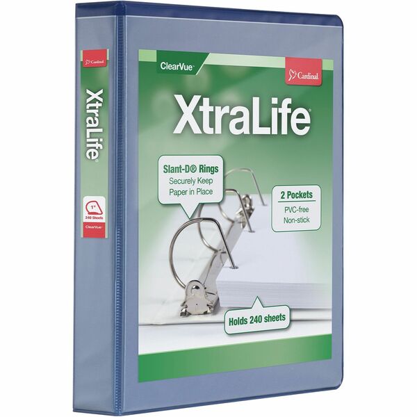 Cardinal Xtralife ClearVue Locking Slant-D Binders - 1 1/2" Binder Capacity - Letter - 8 1/2" x 11" Sheet Size - 375 Sheet Capacity - 1 3/5" Spine Width - 3 x D-Ring Fastener(s) - 2 Inside Front & Back Pocket(s) - Polyolefin - Blue - 476.3 g - Non-stick,