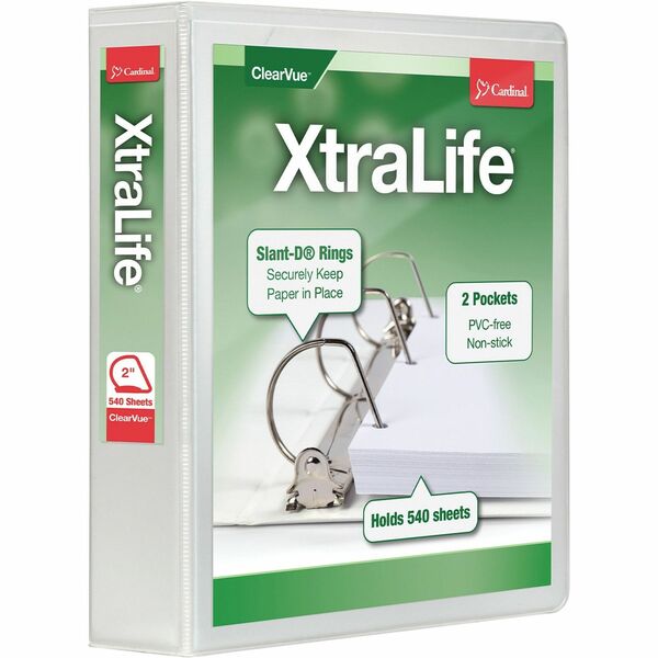 Cardinal Xtralife ClearVue Locking Slant-D Binders - 2" Binder Capacity - Letter - 8 1/2" x 11" Sheet Size - 540 Sheet Capacity - 2 1/2" Spine Width - 3 x D-Ring Fastener(s) - 2 Inside Front & Back Pocket(s) - Polyolefin - White - 567 g - Non-stick, Locki