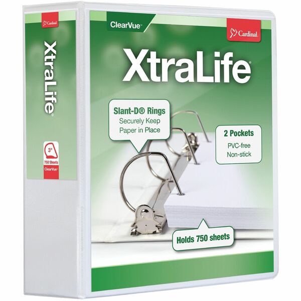 Cardinal Xtralife ClearVue Locking Slant-D Binders - 3" Binder Capacity - Letter - 8 1/2" x 11" Sheet Size - 725 Sheet Capacity - 2 29/32" Spine Width - 3 x D-Ring Fastener(s) - 2 Inside Front & Back Pocket(s) - Polyolefin - White - 725.7 g - Non-stick, L