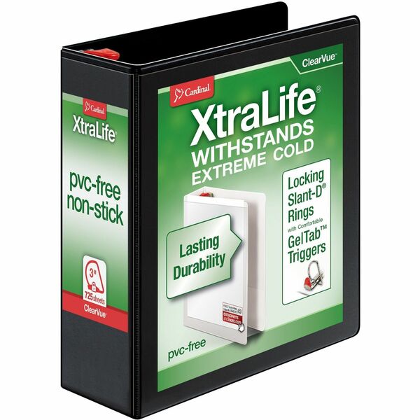 Cardinal Xtralife ClearVue Locking Slant-D Binders - 3" Binder Capacity - Letter - 8 1/2" x 11" Sheet Size - 725 Sheet Capacity - 2 29/32" Spine Width - 3 x D-Ring Fastener(s) - 2 Inside Front & Back Pocket(s) - Polyolefin - Black - 725.7 g - Non-stick, L