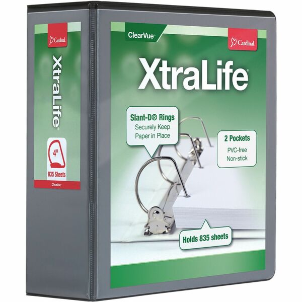 Cardinal Xtralife ClearVue Locking Slant-D Binders - 4" Binder Capacity - Letter - 8 1/2" x 11" Sheet Size - 890 Sheet Capacity - 3 3/5" Spine Width - 3 x D-Ring Fastener(s) - 2 Inside Front & Back Pocket(s) - Polyolefin - Black - 816.5 g - Non-stick, Loc