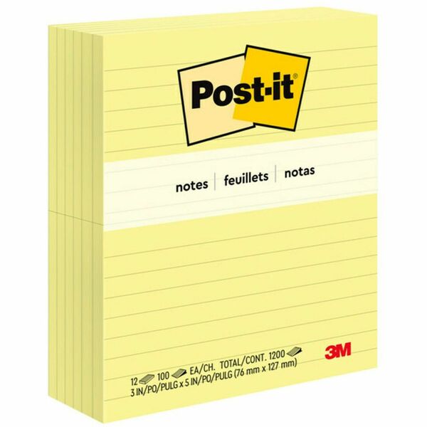 Post-it&reg; Original Lined Notes, Canary Yellow, 3" x 5" , 100 Sheets/Pad, 12 Pads/PK - 1200 x Canary Yellow - 3" (76.20 mm) Flag/Note Width x 5" (127 mm) Flag/Note Length - Rectangle - 100 Sheets per Pad - Ruled - Canary Yellow - Paper - Self-adhesive,
