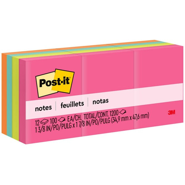Post-it&reg; Notes Original Notepads - Poptimistic Color Collection - 1200 - 1 1/2" x 2" - Rectangle - 100 Sheets per Pad - Unruled - Power Pink, Acid Lime, Aqua Splash, Vital Orange - Paper - Self-adhesive, Repositionable - 12 / Pack