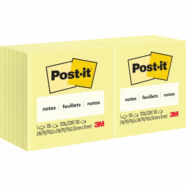 Post-it&reg; Notes Original Notepads - 3" x 3" - Square - 100 Sheets per Pad - Unruled - Canary Yellow - Paper - Self-adhesive, Repositionable - 12 / Pack