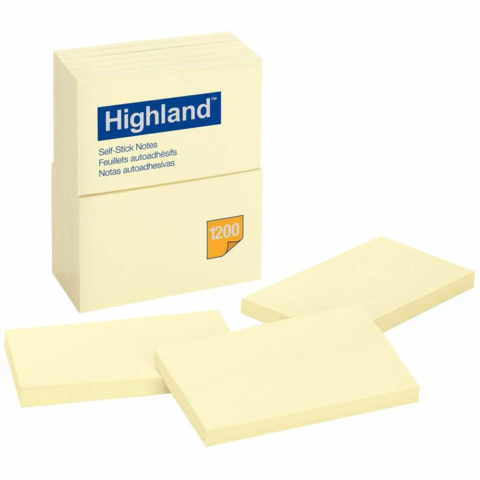 Highland Self-sticking Notepads - 1200 - 3" (76.20 mm) Flag/Note Width x 5" (127 mm) Flag/Note Length - Rectangle - 100 Sheets per Pad - Unruled - Yellow - Paper - Self-adhesive, Repositionable - 12 / Pack