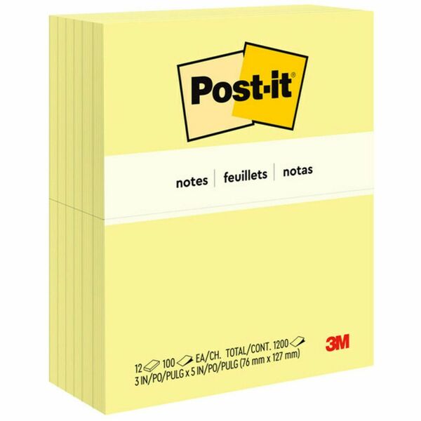 Post-it&reg; Notes Original Notepads - 3" x 5" - Rectangle - 100 Sheets per Pad - Unruled - Canary Yellow - Paper - Self-adhesive, Repositionable - 12 / Pack