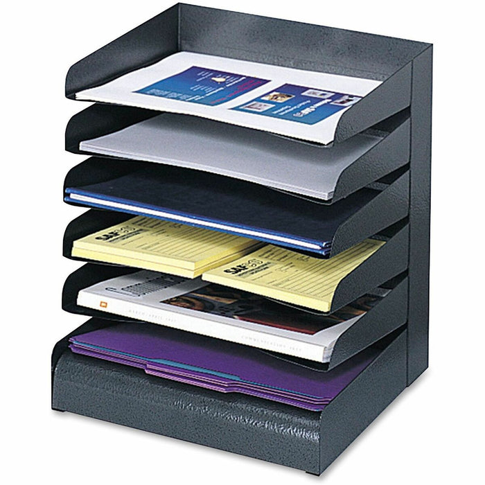 Safco Slanted Shelves Steel Desk Tray Sorter - 6 Tier(s) - Desktop - Durable - Powder Coated - Black - Steel - 1 Each