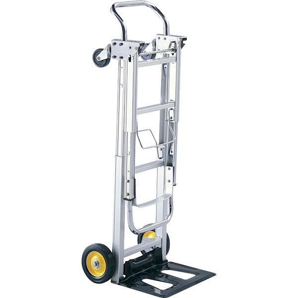 Safco HideAway Convertible Hand Truck - 400 lb (181436.95 g) Load Capacity - 4 Casters - 6" (152.40 mm), 3" (76.20 mm) Caster Size - Aluminum - 15.5" (393.70 mm) Width x 9" (228.60 mm) Depth x 36" (914.40 mm) Height - Steel Frame - Silver - 1 Each