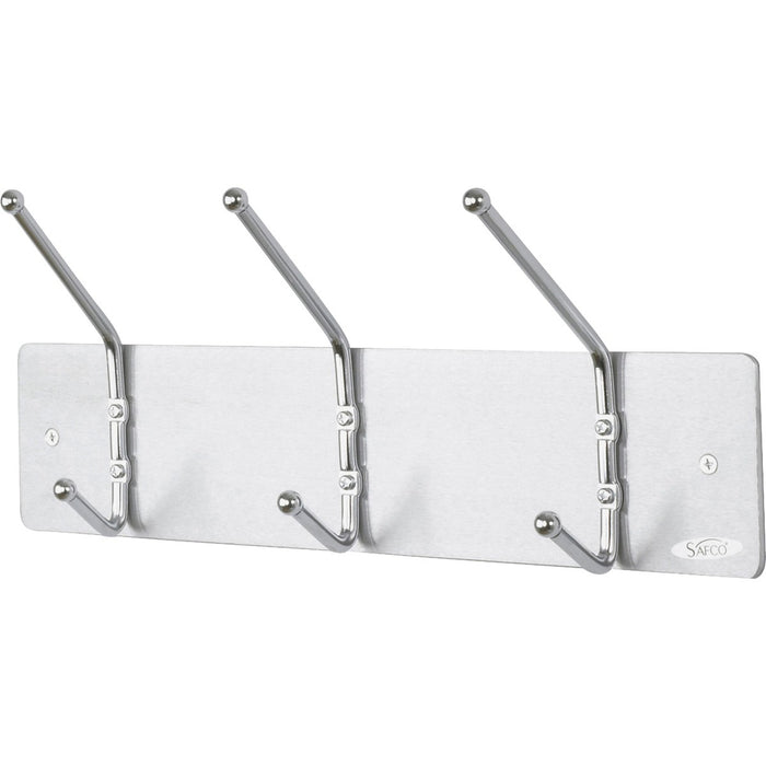 Safco 3-Hook Contemporary Steel Coat Hooks - 3 Hooks - 10 lb (4535.92 g) Capacity - 7" (177.80 mm) Height x 18" (457.20 mm) Width - for Garment - Steel - Silver - 1 Each