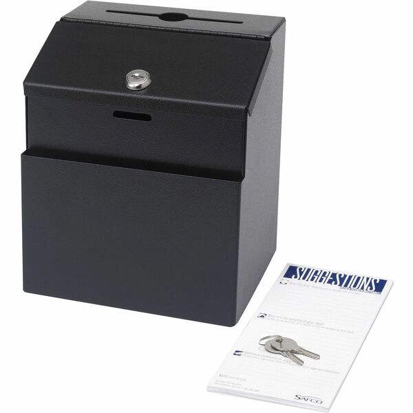 Safco Steel Suggestion Box - External Dimensions: 7.2" (184.15 mm) Width x 6" (152.40 mm) Depth x 8.5" (215.90 mm) Height - 25 x Card - Key Lock Closure - Steel - Black - 1 Each
