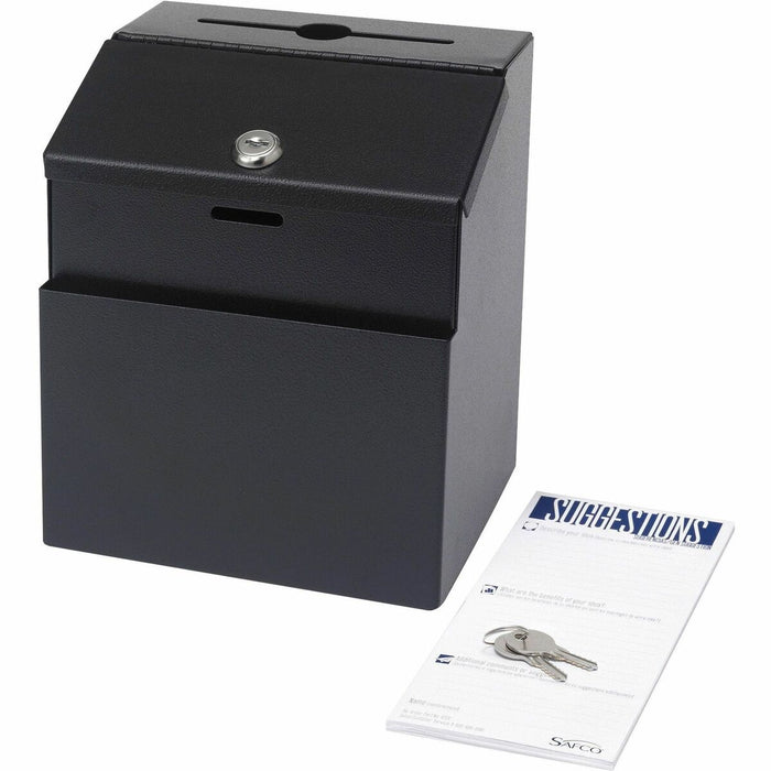 Safco Steel Suggestion Box - External Dimensions: 7.2" (184.15 mm) Width x 6" (152.40 mm) Depth x 8.5" (215.90 mm) Height - 25 x Card - Key Lock Closure - Steel - Black - No - 1 Each