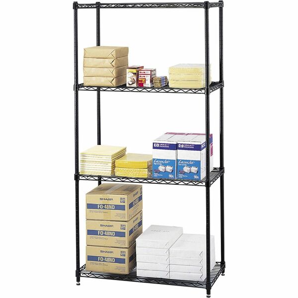 Safco Commercial Wire Shelving - 36" (914.40 mm) Width x 18" (457.20 mm) Depth x 72" (1828.80 mm) Height - 4 x Shelf(ves) - 2000 lb (907184.74 g) Load Capacity - Leveling Glide, Adjustable Feet - Black - Powder Coated - Steel - Assembly Required