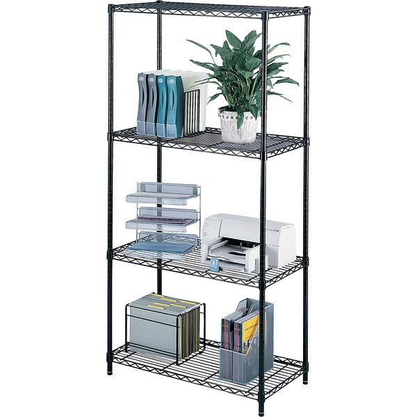 Safco Industrial Wire Shelving - 36" (914.40 mm) Width x 18" (457.20 mm) Depth x 72" (1828.80 mm) Height - 4 x Shelf(ves) - Rust Proof, Leveling Glide, Adjustable Leveler, Adjustable Feet, Dust Proof - Black - Powder Coated - Steel - Assembly Required