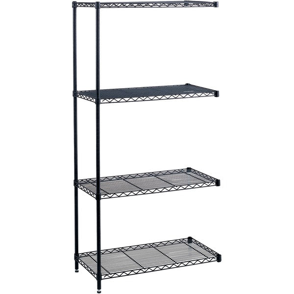 Safco Industrial Wire Shelving Add-On Unit - 36" (914.40 mm) Width x 18" (457.20 mm) Depth x 72" (1828.80 mm) Height - 4 x Shelf(ves) - Leveling Glide, Adjustable Leveler, Adjustable Feet, Dust Proof - Black - Powder Coated - Steel - Assembly Required