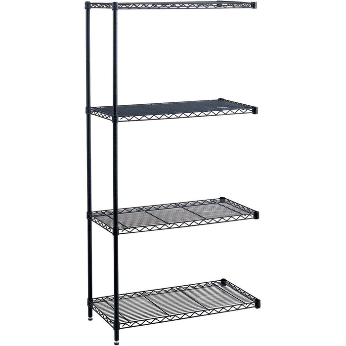 Safco Industrial Wire Shelving Add-On Unit - 36" (91.44 cm) Width x 18" (45.72 cm) Depth x 72" (182.88 cm) Height - 4 x Shelf(ves) - Leveling Glide, Adjustable Leveler, Adjustable Feet, Dust Proof - Black - Powder Coated - Steel - Assembly Required