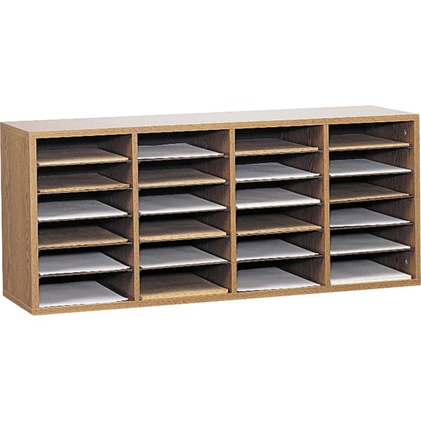 Safco Adjustable Shelves Literature Organizers - 24 Compartment(s) - Compartment Size : 2.50" (63.50 mm) x 9" (228.60 mm) x 11.50" (292.10 mm) - 16.4" (415.80 mm) Height x 39.4" (1000.13 mm) Width x 11.8" (298.45 mm) Depth - Medium Oak - Wood - 1 Each