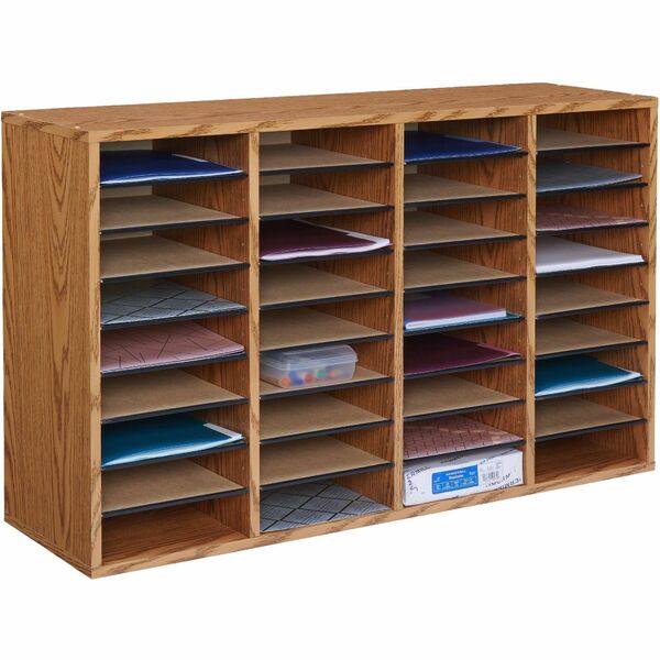 Safco Adjustable Shelves Literature Organizers - 36 Compartment(s) - Compartment Size : 2.50" (63.50 mm) x 9" (228.60 mm) x 11.50" (292.10 mm) - 24" (609.60 mm) Height x 39.4" (1000.13 mm) Width x 11.8" (298.45 mm) Depth - Medium Oak - Wood - 1 Each