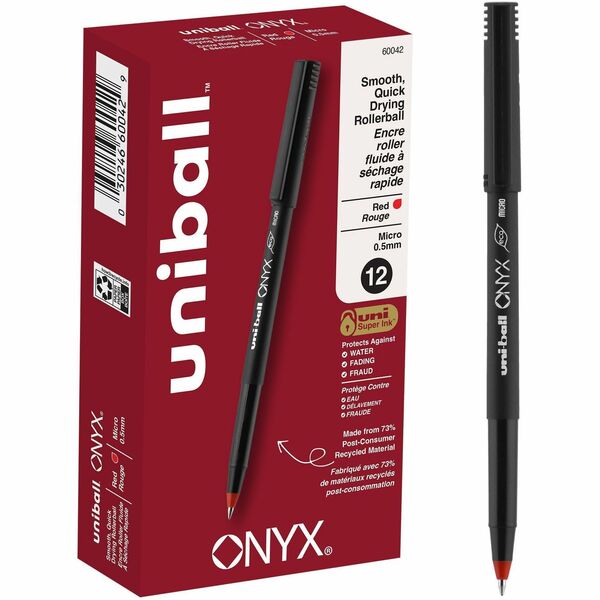 uniball&trade; Onyx Rollerball Pens - 0.5 mm (0.02") Micro Pen Point - Red Ink - Metal Tip - 1 Dozen