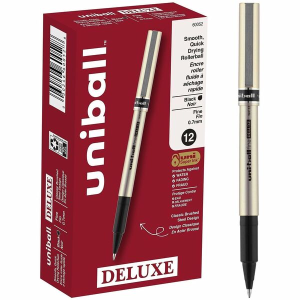 uniball Deluxe Rollerball Pens - 0.7 mm (0.03") Fine Pen Point - Black Ink - Champagne Barrel - 1 Dozen